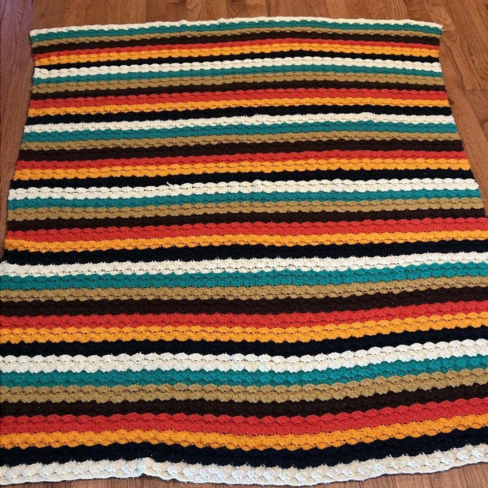 Vintage Hand Made‎ Crochet Afghan Colorful Striped Throw 70-80's Granny 82